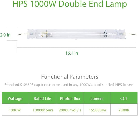 1000W Double Ended HPS Grow Light Bulb,High PAR Enhanced Red and Orange Spectrums CCT 2000K, Ultra Bright 155000 Lumens,1000W High Pressure Sodium Grow Lamp,1000 Watt DE HID Grow Bulb