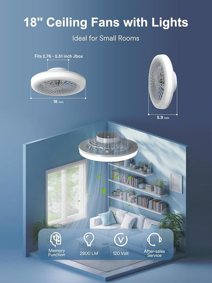 ANGELHALO Bladeless Ceiling Fan with Light,18 Inch Low Profile RGB Ceiling Fan with 2800 Lumens, Flush Mount Small Ceiling Fan for 6 Speed Quiet DC Motor for Kids Bedroom, Remote & App Control