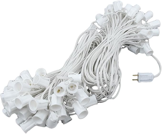 Novelty Lights 200 Foot C9 Outdoor String Light Christmas Stringer - Patio String Lights - Intermediate Base (C9/E17) - 24" Spacing - White Wire