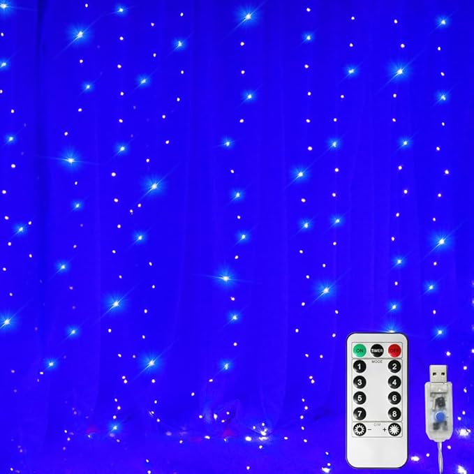 Curtain String Lights Indoor, 300 LED Twinkle Lights with Remote Timer USB Power 8 Modes Blue Fairy Lights for Bedroom Wall, Tapestry, Window, Bed Canopy, Christmas Decor-9.8ft x 9.8ft(Blue)