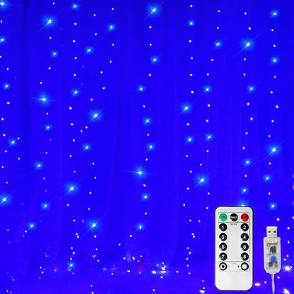 Curtain String Lights Indoor, 300 LED Twinkle Lights with Remote Timer USB Power 8 Modes Blue Fairy Lights for Bedroom Wall, Tapestry, Window, Bed Canopy, Christmas Decor-9.8ft x 9.8ft(Blue)