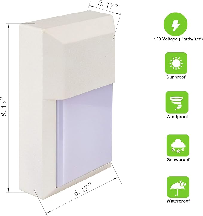 LIT-PaTH Outdoor LED Wall Lantern, Wall Sconce Lights Porch Lighting Fixture, 12W 1000 Lumens, Aluminum Housing Plus PC, 3000K White Finish, 2-Pack