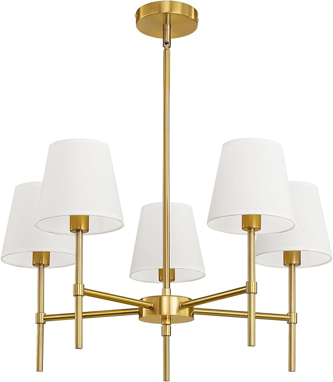 RUIYEY Dining Room Chandeliers Light - 5-Light Gold Modern Chandeliers Light Fixtures with White Fabric Shade, Height Adjustable Pendant Island Light for Entryway Farmhouse