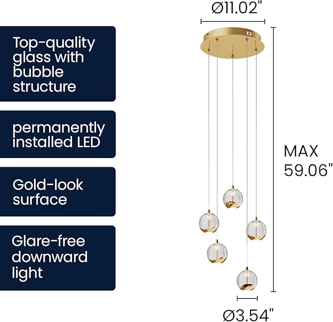 5-Light Modern Gold Glass Globe Chandelier, Hanging Cluster Pendant Light Kitchen Island & Foyer Chandelier, Warm White 3000K, Brushed Gold Pendant Lights Cluster, Ø 11.03 in