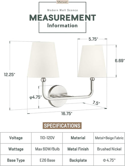 2-Light Bathroom Light Fixtures, Brushed Nickel Vanity Lights, Double Wall Sconce with Beige Fabric Shade, Modern Sconces Wall Lighting for Hallway Bedroom Stairway, VL837-BN-B-2