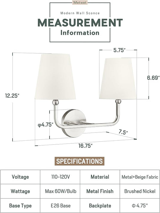 2-Light Bathroom Light Fixtures, Brushed Nickel Vanity Lights, Double Wall Sconce with Beige Fabric Shade, Modern Sconces Wall Lighting for Hallway Bedroom Stairway, VL837-BN-B-2