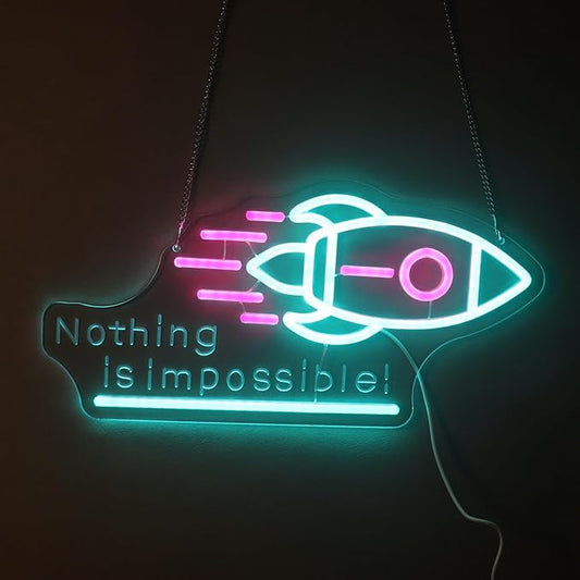"Nothing Is Impossible!" Rocket Neon Light for Gaming Room Office – Motivational LED Wall Art, Dimmable USB Space-Themed Decor for Study Gym, Inspiring Gift for Gamers Teens Entrepreneurs