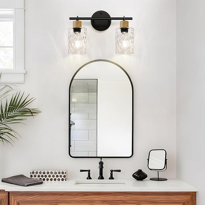 MOKATNG Bathroom Light Fixtures, 2-Light Coastal Vanity Lights with Crystal Glass Shade, Brown and Gold Bathroom Wall Lamp for Mirror Kitchen Hallway Cabinet