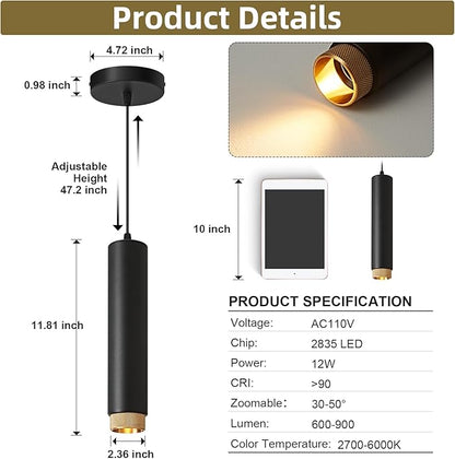 OKELI Modern Black LED Pendant Light for Kitchen Island, 3 Pack – Dimmable Zoomable Pendant, Adjustable Beam Angle, 3 Color Temps 2700K/4000K/6000K, Mini Hanging Light for Bar or Bedroom, 12W 11.8"