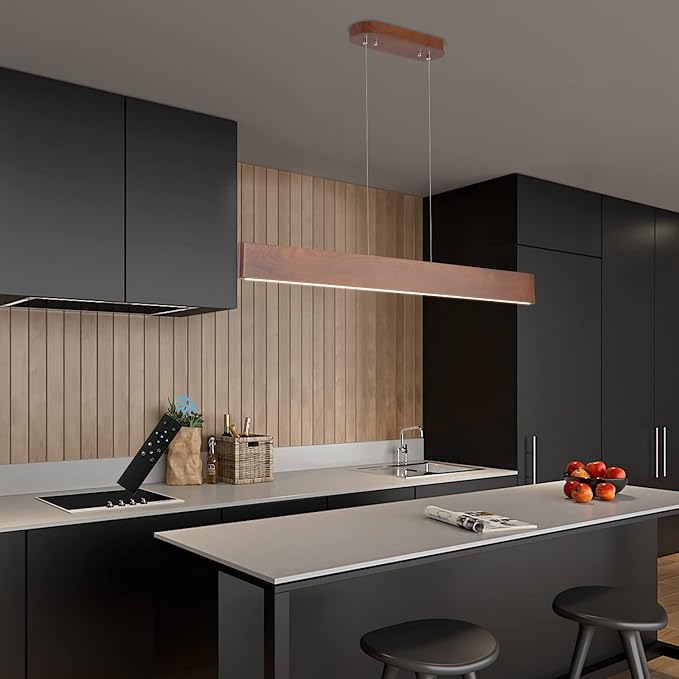 YISDESIGN 39.4" Wood Linear Pendant Light 24w Led Dimmable Dining Room Light Wood Kitchen Island Pendant Hanging Light for Kitchen Island Office Lights Walnut Color