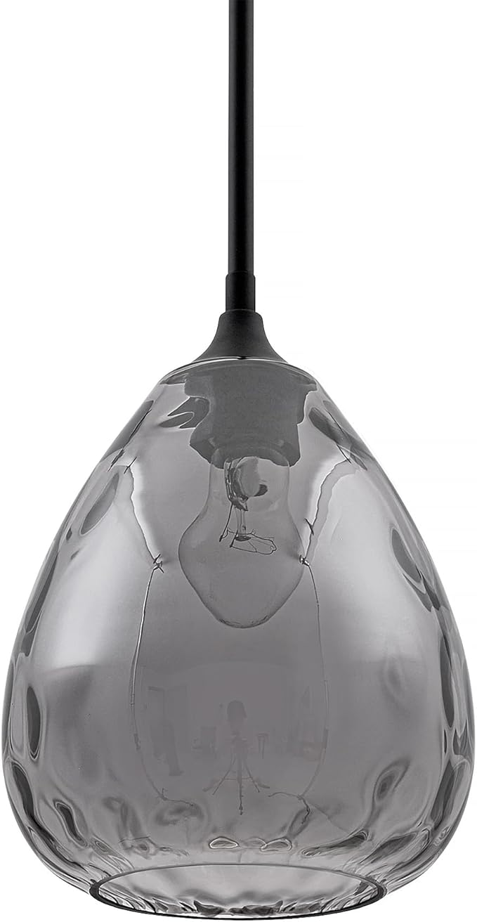 Smoked Hammered Glass Pendant Light with Matte Black Accent, Adjustable Hanging Lamp for Kitchen, Dining Room, and Living Room (Black & Smoked Glass)