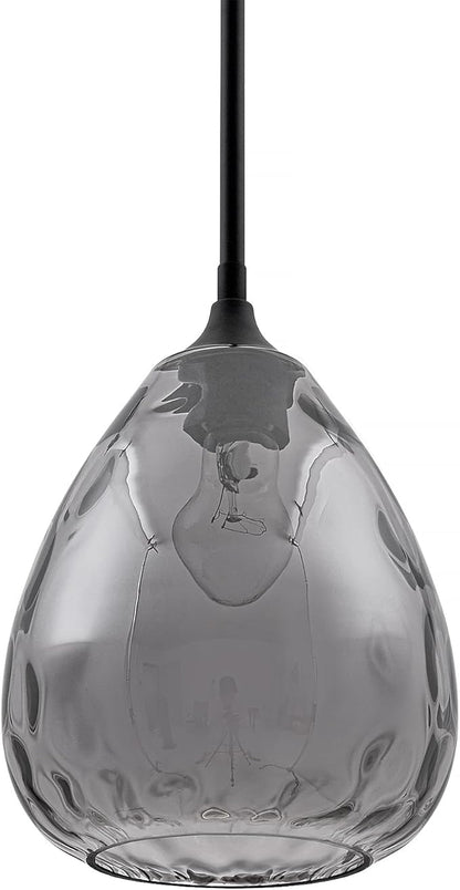 Smoked Hammered Glass Pendant Light with Matte Black Accent, Adjustable Hanging Lamp for Kitchen, Dining Room, and Living Room (Black & Smoked Glass)