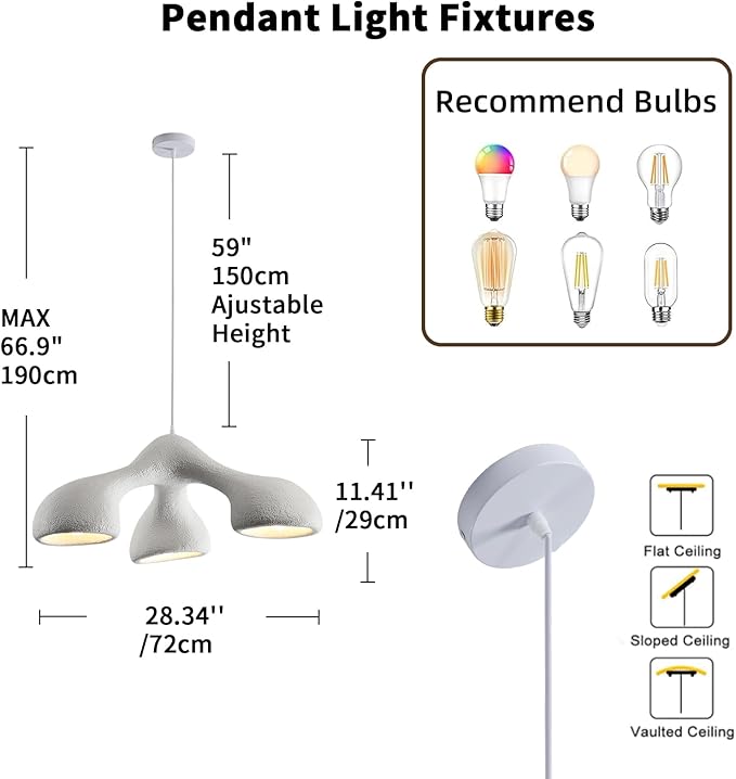 JAYMP 3-Lights Pendant Light Fixture for Dining Room Kitchen Island Restaurant Farmhouse E26 Base Modern Hanging Lamp 1 Pack (Matte White,E Shape, 72cm/28.3in)