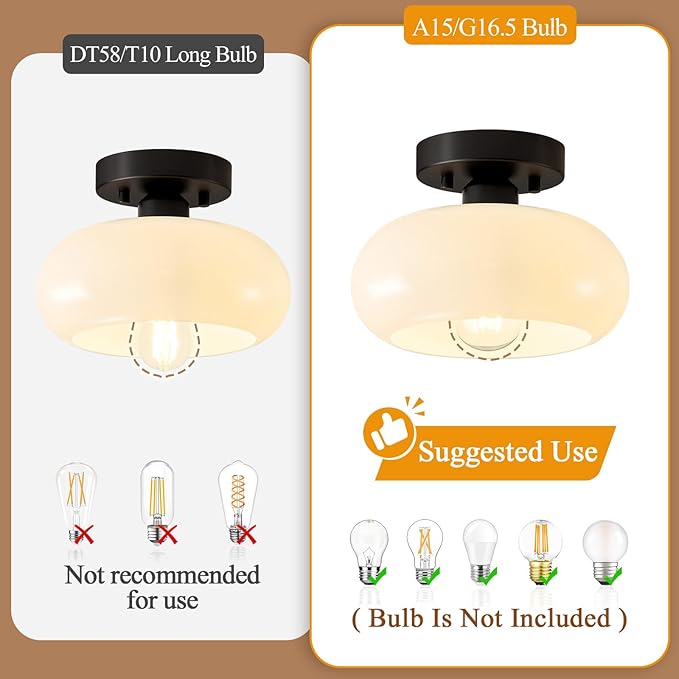 Mid-Century Modern Black Semi Flush Mount Ceiling Light,White Glass Dome Hallway Lighting Fixtures, Metal Close to Ceiling Lamp for Entryway Bathroom Kitchen Bedroom Porch Foyer Office(8.66 Inch)
