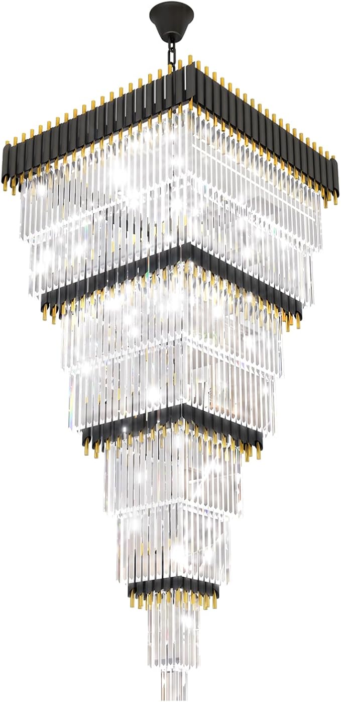 W32in x H94.5in Large Black Gold Crystal Chandelier,Square Crystal Raindrop Chandelier High Ceiling Pendant Light for Entrance Villa Foyer Ceiling Lighting Fixtures