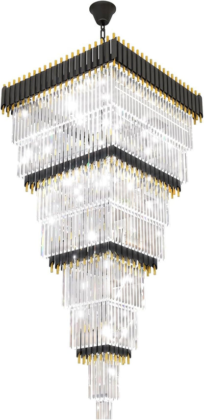 W32in x H94.5in Large Black Gold Crystal Chandelier,Square Crystal Raindrop Chandelier High Ceiling Pendant Light for Entrance Villa Foyer Ceiling Lighting Fixtures