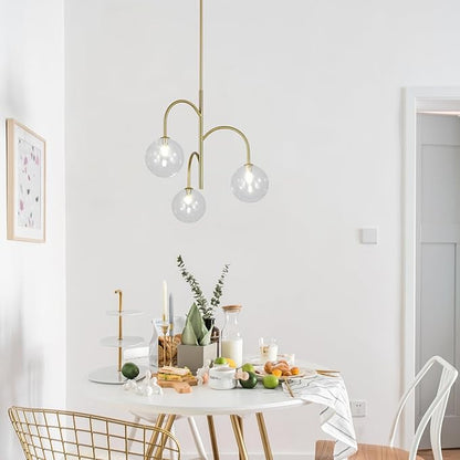 Modern Gold Globe Pendant Lighting 3-Light Clear Glass Bubble Chandelier Mid Century Sputnik Light Fixture Brushed Brass Ceiling Pendant Light for Kitchen Island Living Room