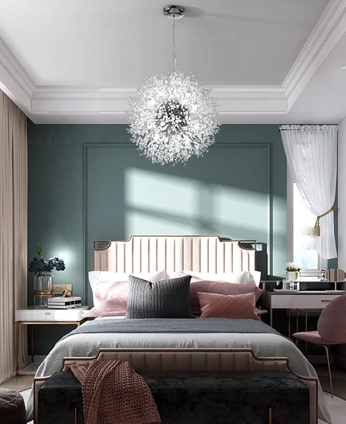 Modern Dandelion Firework Chandelier, Chrome Dining Room Chandelier, Crystal Hanging Pendant Lighting Fixture for Living Room, Bathroom, Bedroom, Restaurant, 16-Light