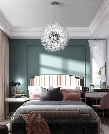 Modern Dandelion Firework Chandelier, Chrome Dining Room Chandelier, Crystal Hanging Pendant Lighting Fixture for Living Room, Bathroom, Bedroom, Restaurant, 16-Light
