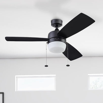 Honeywell Ceiling Fans Barcadero Contemporary 44 Inch Ceiling Fan with Light, Pull Chain, LED Indoor Fan with 3 Blades, Matte Black (51476-01)
