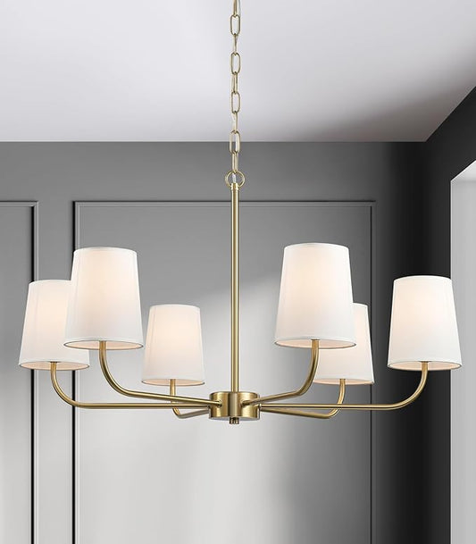 6-Light Brushed Gold Pendant Chandelier with White Linen Shades, E12 Base - Farmhouse & Industrial Style for Kitchen, Living Room, Dining Room, or Bedroom Lighting