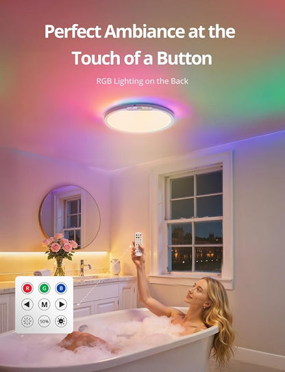 Combuh Rechargeable Battery Operated Ceiling Light for Shower Inside Wireless, 105 Day Battery Life Powered 11.8Inch Bright Waterproof Magnetic RGB Overhead Lighting without Wiring for Closet Bathroom