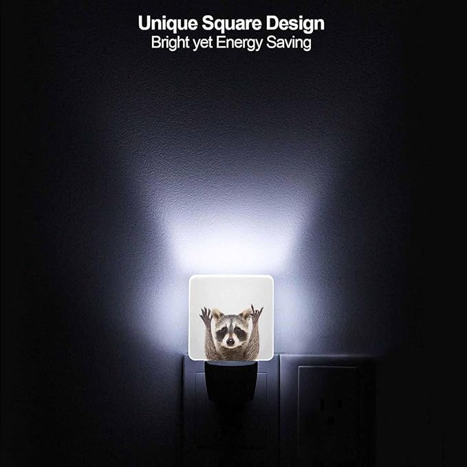 LED Night Light,Funny Cute Raccoon LED Night Light Plug into Wall with Dusk to Dawn Light Sensor White Energy Efficient Nightlight for Bedroom Bathroom Hallway Living Room Kitchen