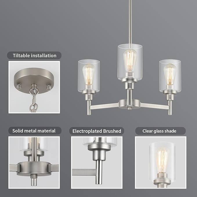 LIGHTDAMY 3 Lights Brushed Nickel Chandeliers for Dining Room Light Fixture Over Table, Entryway Chandelier for Foyer, Hallway Lighting Fixtures with Glass Shade for Kitchen Island Foyer Hallway