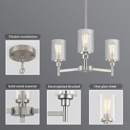 LIGHTDAMY 3 Lights Brushed Nickel Chandeliers for Dining Room Light Fixture Over Table, Entryway Chandelier for Foyer, Hallway Lighting Fixtures with Glass Shade for Kitchen Island Foyer Hallway