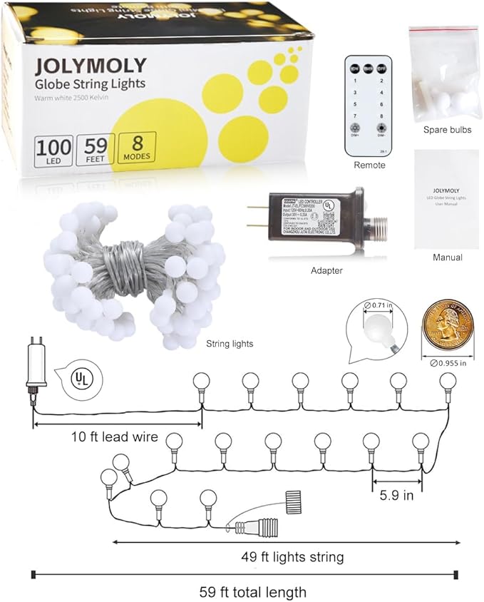 JOLYMOLY Globe String Lights 59 Ft 100 LED Fairy Lights Plug in with Remote Timer, Connectable Small Frosted Globe Christmas Lights for Bedroom Wedding Xmas Tree Indoor Outdoor Decor, Cool White