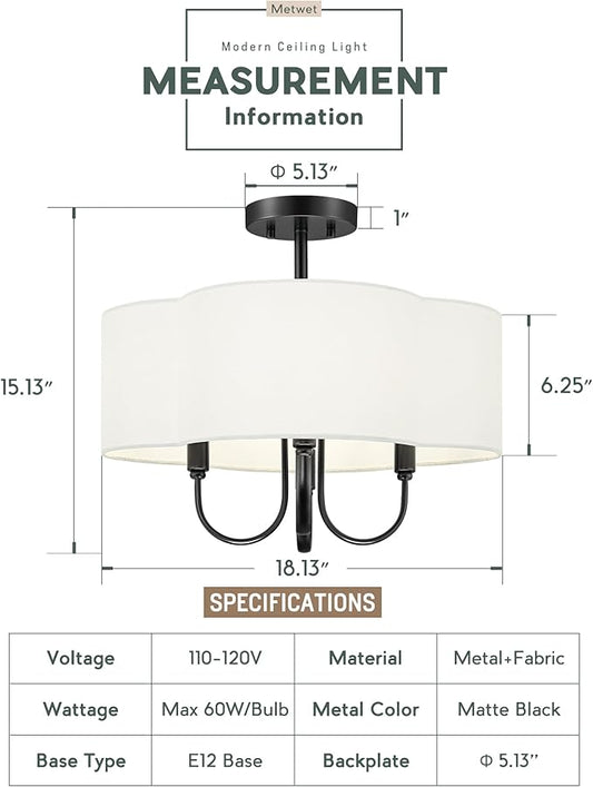 18" Semi Flush Mount Ceiling Light, 4-Light Vintage Light Fixtures Ceiling Mount with Fabric Shade in Quatrefoil for Kitchen Nursery Entryway Hallway Bedroom, Matte Black, SM179-MB-L