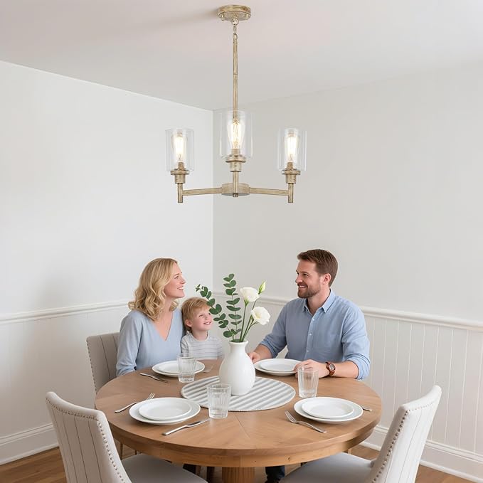 3 Light Farmhouse Chandelier | Rustic Chandeliers for Dining Room Light Fixtures | Fake Wood Hanging Lighting with Clear Glass Cover for Kitchen Island | Entryway | Bathroom | Corridor | Hallway