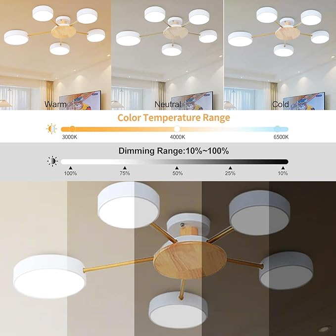 5-Lights LED Ceiling Light Fixture,32 Inch Modern Ceiling Lights Flush Mount Wooden 40W Dimmable Chandelier for Living Room Bedroom Kitchen,3000K/4000K/6000K White