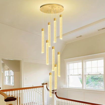 Modern 9-Lights Gold Crystal Column Chandeliers for Entrance Dimmable LED Pendant Lighting Hanging Lights for Dining Room Bedroom Foyer Staircase Living Room