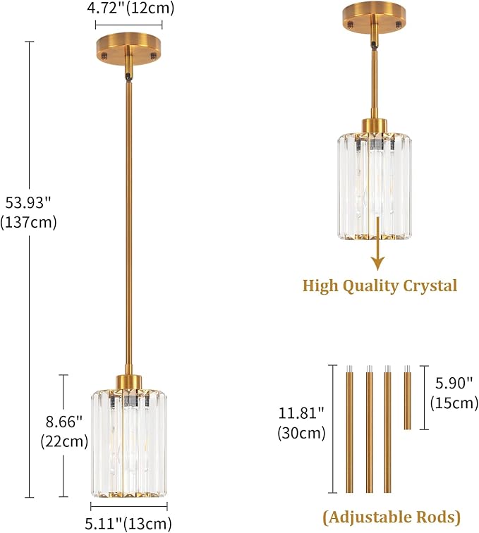 Brushed Gold Crystal Pendant Lights Kitchen Island, Modern Pendant Lighting Over Island Kitchen Hanging Light Fixtures Adjustable Mini Pendant Light for Dining Room Bathroom Entryway Hallway Foyer