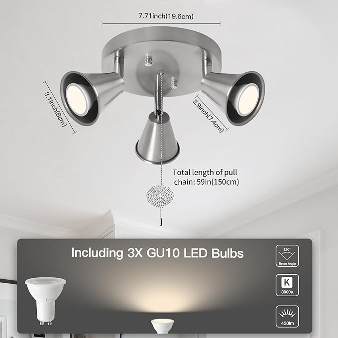3-Light Industrial Directional Track Lighting with Pull Chain On/Off, Adjustable Round Ceiling Spotlight, Morden Nickel Flush Mount Kitchen Light for Hallway,Dining Room,Gu10 Bulbs Included