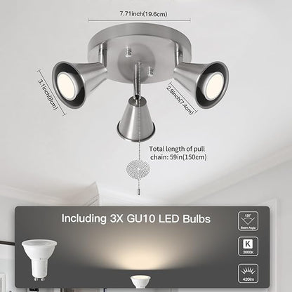 3-Light Industrial Directional Track Lighting with Pull Chain On/Off, Adjustable Round Ceiling Spotlight, Morden Nickel Flush Mount Kitchen Light for Hallway,Dining Room,Gu10 Bulbs Included