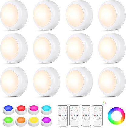 LED Puck Lights with Remote Control, 16 Color Changing Under Cabinet Lighting with Dimmer & Timer, AAA Battery Operated,Under for Closet Bedroom Kitchen, Stair (12 Pack White)