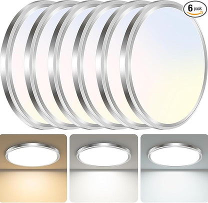 zemty 6Pack 6.5Inch LED Ceiling Lights Brushed Nickel, 12W 1200lm Small Flush Mount Light Fixture, 3000K/ 4000K/ 6500K Round Flat Recessed Ceiling Lights for Kitchen, Closet, Hallway,Pantry