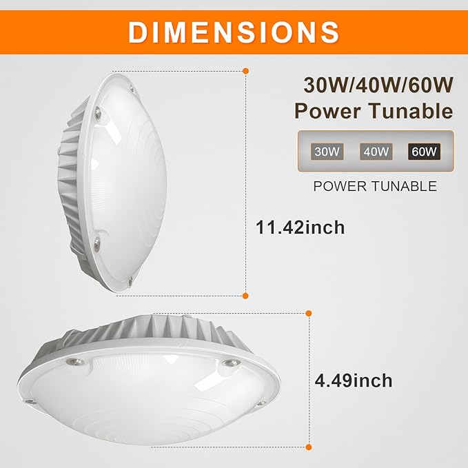 LED Canopy Light, 30W/40W/60W Wattage Selectable, 5000K Gas Station Canopy Lights, IP65 Waterproof LED Parking Garage Light, 100-277V/AC ETL Listed