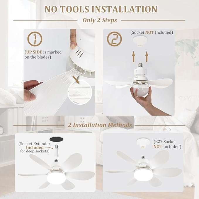 Socket Fan Light with Remote, Portable Small Ceiling Fans with Lights Bulb for Bedroom, Kitchen, Living Room, 20" Screw in Ceiling Fan in Light Socket for E26 Base 40W/3000K-6000K Dimmable