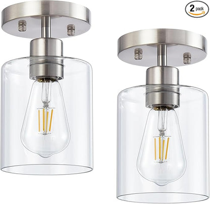 Semi Flush Mount Ceiling Light, 1 Light Brushed Nickel Ceiling Lights, Modern Kitchen Lighting Fixtures Ceiling, Light Fixtures Ceiling Mount with Glass Shade for Kitchen Hallway Foyer(2 Pack)