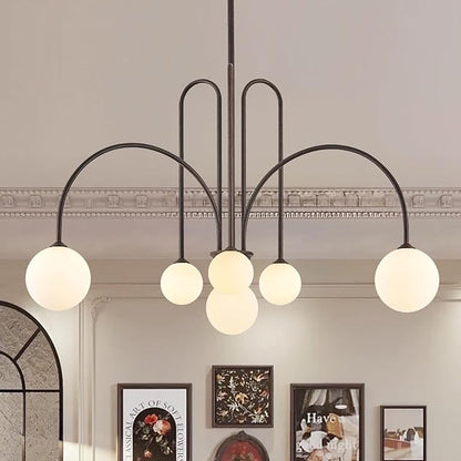 Sputnik Chandelier Brown,6 Lights Large Modern Chandelier L40”Mid Century Long Ceiling Pendant Light Fixtures for Dining Room with Milk Glass Globe Shades for High Ceiling Foyer Living Room