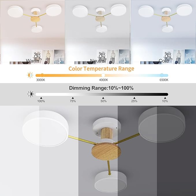 3-Lights LED Ceiling Light Fixture,26 Inch Modern Ceiling Lights Flush Mount Wooden 24W Dimmable Chandelier for Living Room Bedroom Kitchen,3000K/4000K/6000K White