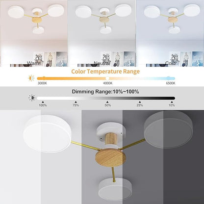 3-Lights LED Ceiling Light Fixture,26 Inch Modern Ceiling Lights Flush Mount Wooden 24W Dimmable Chandelier for Living Room Bedroom Kitchen,3000K/4000K/6000K White