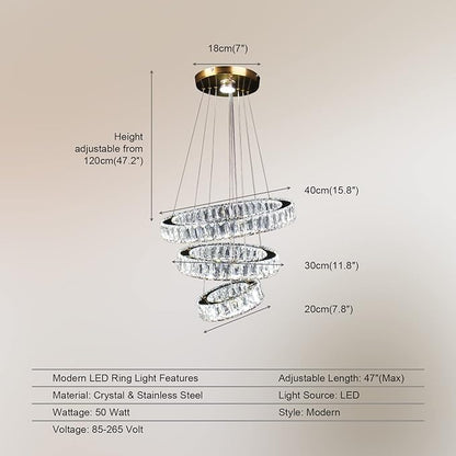 FRIXCHUR Modern LED Chandeliers Crystal Pendant Light 3 Ring Chandelier Hanging Crystal Ceiling Light Fixture Adjustable Pendant Light for Living Room Dining Room Bedroom Foyer Gold (Cool White)