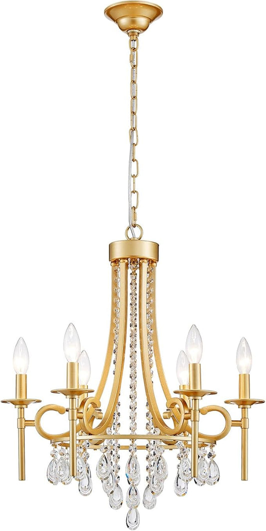 Modern Crystal Chandeliers for Dining Room, 6-Lights Gold Round Chandelier for Entryway, Crystal Chandelier Pendant Ceiling Lighting Fixture for Living Room Bedroom Kitchen Island Foyer Staircase