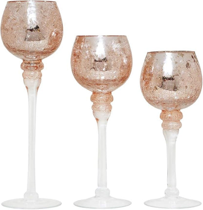 Hosley® Elevate Ambiance with Set of 3 Crackle Rose Gold Glass Tealight Holders 12 Inch, 10 Inch, 9 Inch Sophisticated Decor for Chic Candle Displays