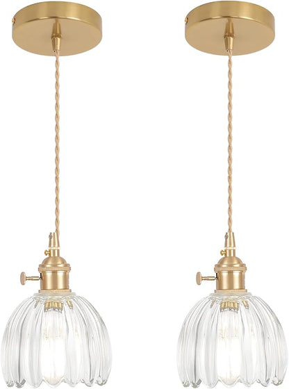 Shenmoyl Pendant Light 2 Pack with Clear Tulip Glass Lmapshade, Brass Vintage Pendant Light Adjustable Hanging Light for Kitchen Island Dining Room Hallway