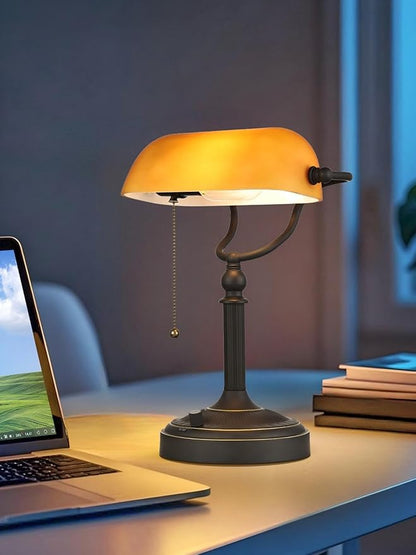 Matted Amber Glass Bankers Desk Lamp, Stepless Dimmable Table Lamp Plug in Fixture for Study, Home Office,Library, LED Bulb Included